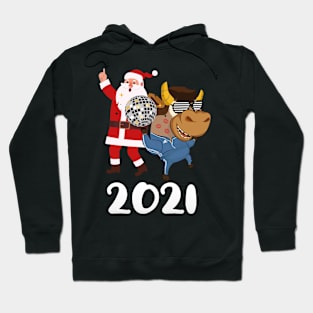 New Year 2021 Symbol Animal Ox - Funny Ox In Retro Sunglasses With Dancing Santa Disco Dancers Cool Xmas Gift Hoodie